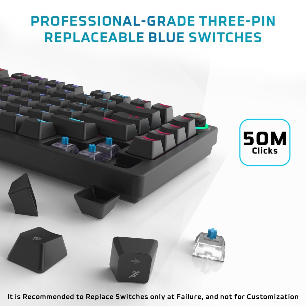 EvoFox Katana X2 TKL Mechanical Gaming Keyboard | 3‑Pin Replaceable Clicky Blue Switches, Dynamic Backlighting, All Keys Anti‑Ghosting, Volume Knob, Copilot, Xbox Gamebar, Screenshot & More (Black) — 2