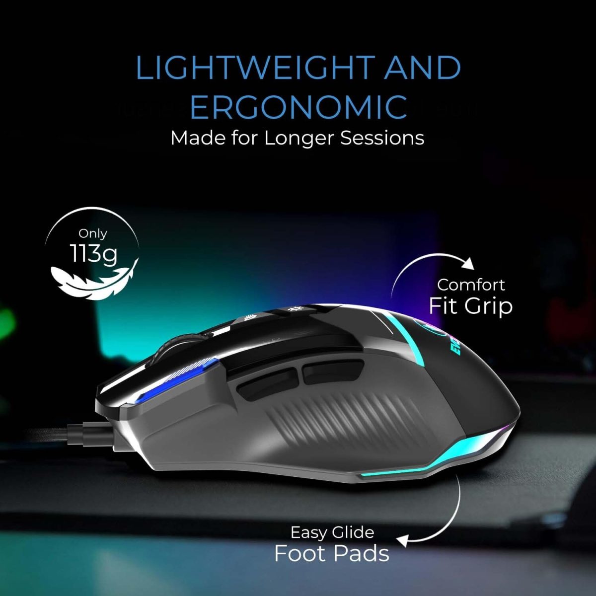 EvoFox Blaze Ultra Value 8 Button Programmable Gaming Mouse with 1000Hz Polling Rate | Gaming Grade DPI 200 to 12800 | Ultra-Responsive 7000fps | RGB Lights with Music sync Mode | Windows Software — 4