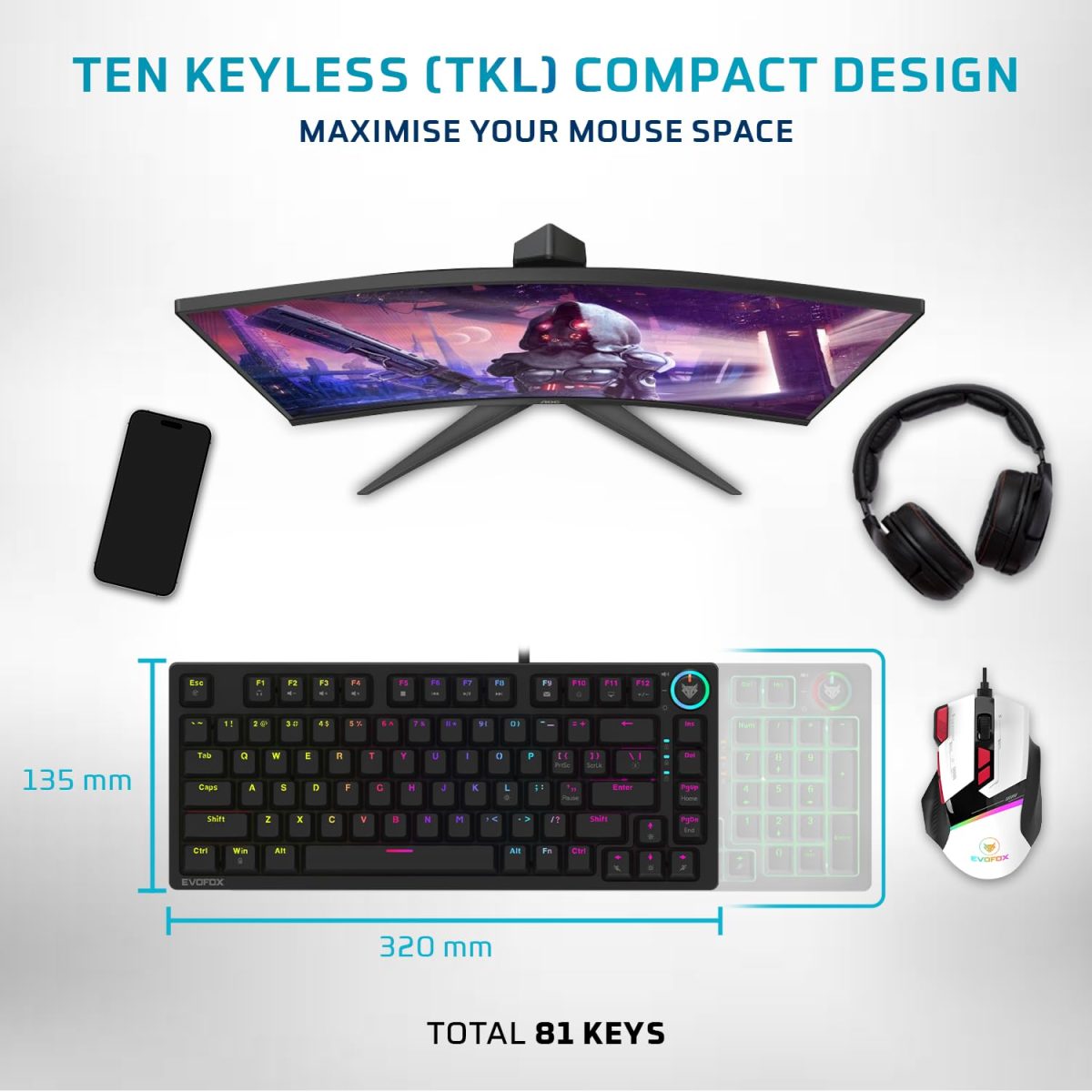 EvoFox Katana X2 TKL Mechanical Gaming Keyboard | 3‑Pin Replaceable Clicky Blue Switches, Dynamic Backlighting, All Keys Anti‑Ghosting, Volume Knob, Copilot, Xbox Gamebar, Screenshot & More (Black) — 3