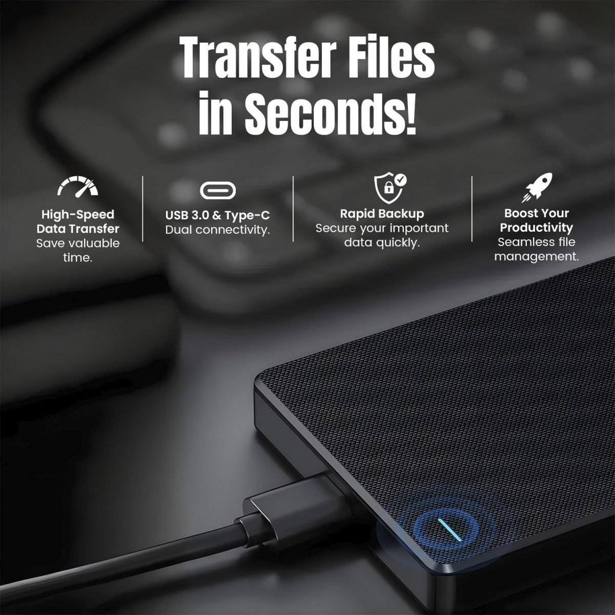 GAZELLE High-Speed 500GB Ultra Slim Portable External Hard Drive - 2-in-1 Type C & USB 3.0, Compatible with PC, Mac, Laptop, PS4, Xbox, iPad, Tablet, Mobile (Black) - 1 Year Warranty — 5