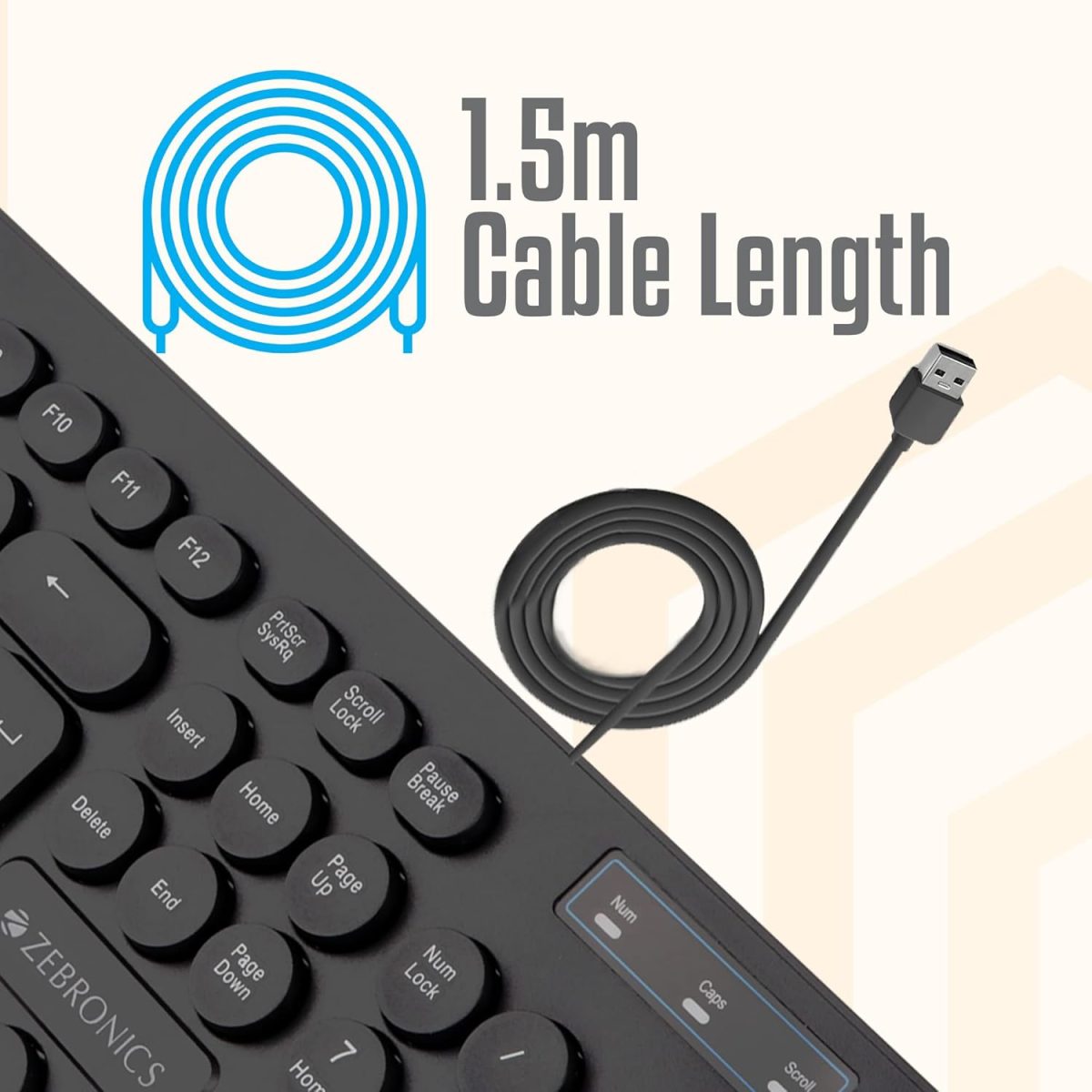 Zebronics K24 Wired USB Keyboard, 104 Keys, Long Life 8 Million Keystrokes, Silent & Comfortable Use, Slim Design, Retractable Stand, 1.5 Meter Textured Cable, UV Coated keycaps — 6