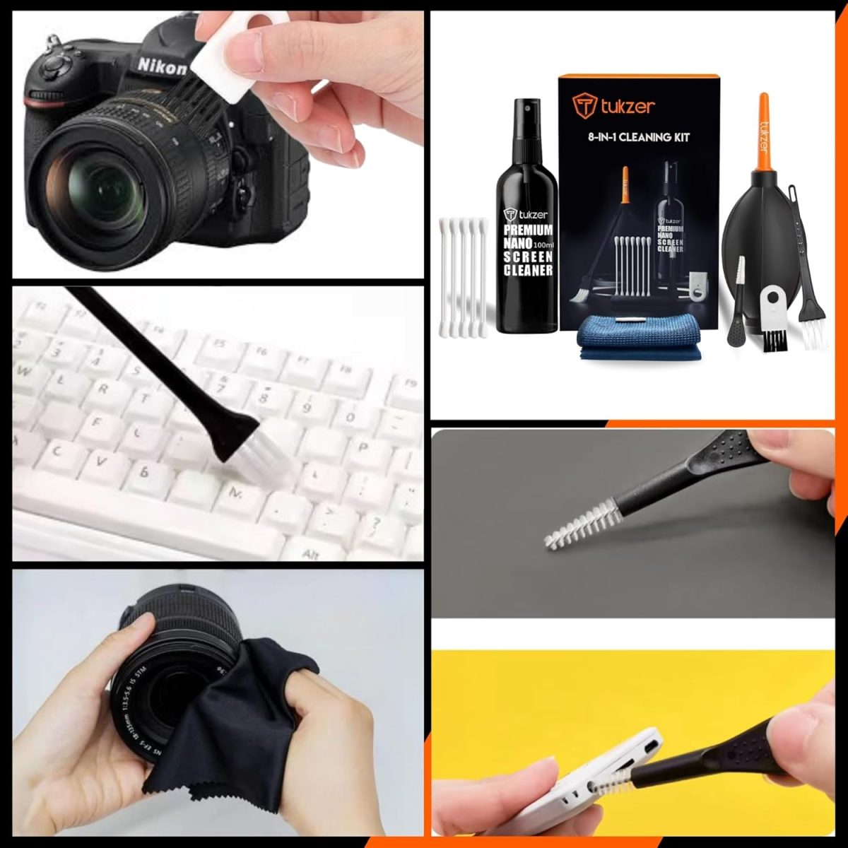 Tukzer Professional 8in1 Cleaning Kit for Laptop Tablet Smartphone Camera Airpod (100mlCleaning Solution AirBlower CottonSwabs Suede Plush Microfiber Cloth Antistatic Cleaning Bristle Universal Brush) — 7