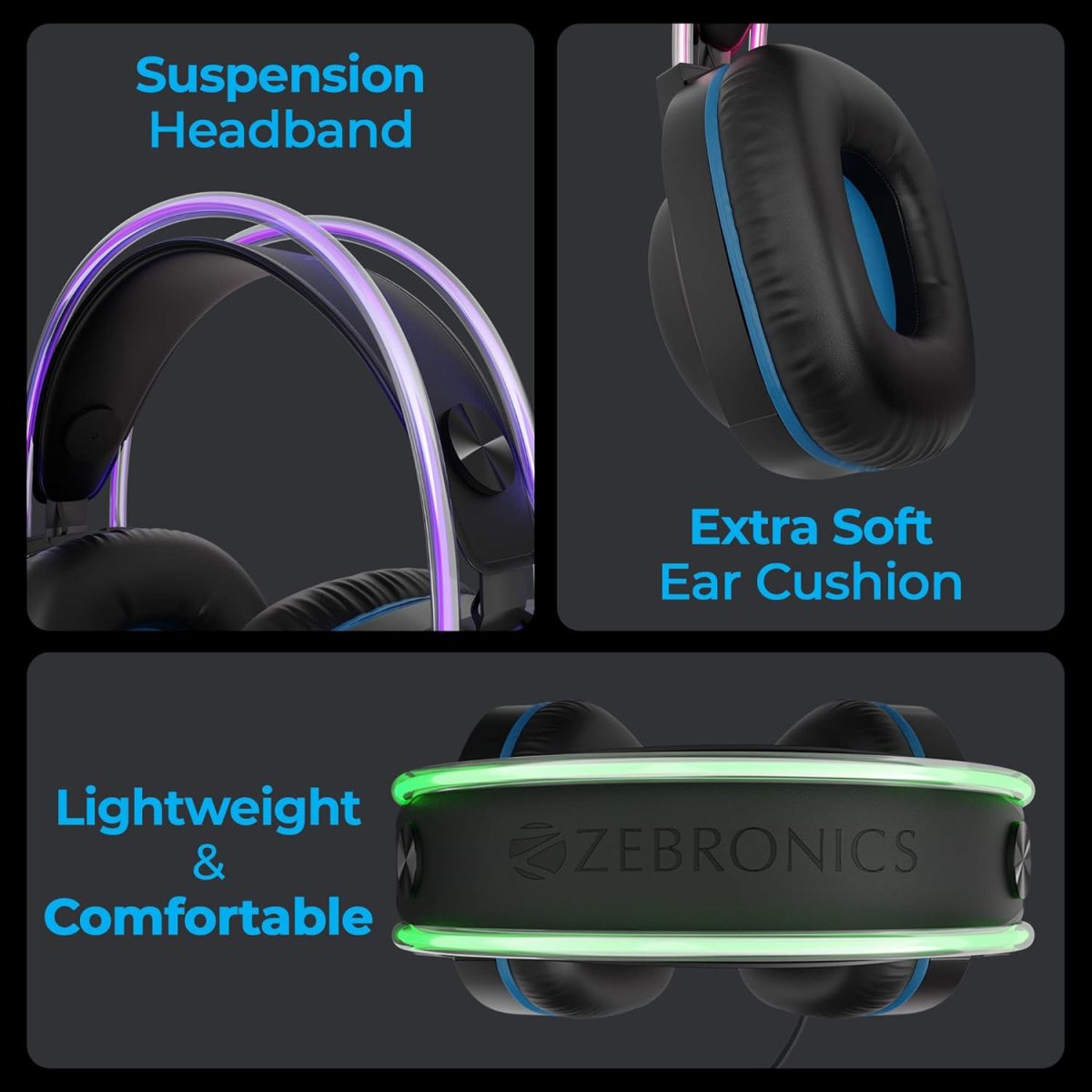 Zebronics Jet PRO Premium Wired Gaming On Ear Headphone with LED for Headband + earcups, 40mm Neodymium Drivers, 2 Meter Braided Cable, with mic, Suspension Design, 3.5mm + USB Connector (Black, Blue) — 5