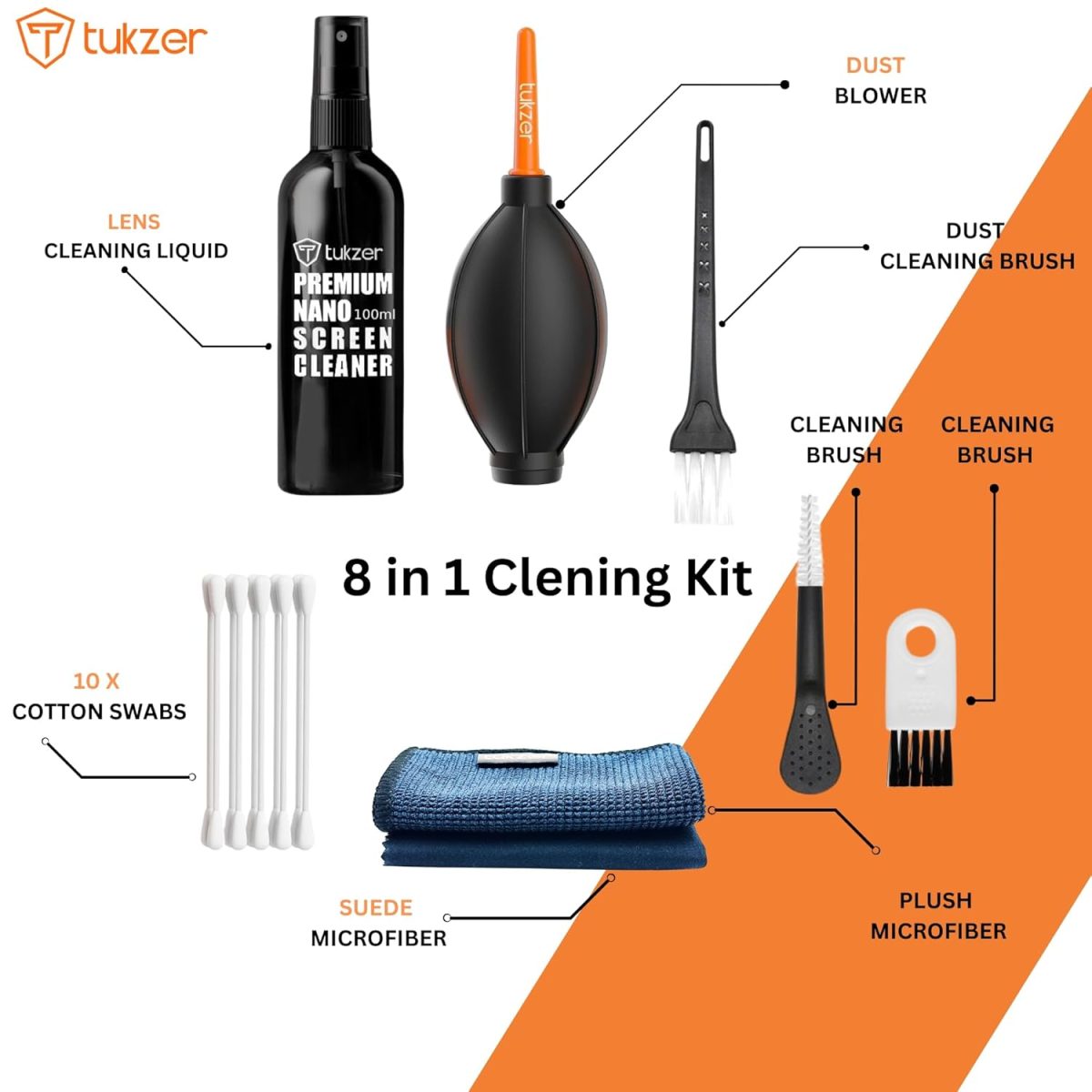 Tukzer Professional 8in1 Cleaning Kit for Laptop Tablet Smartphone Camera Airpod (100mlCleaning Solution AirBlower CottonSwabs Suede Plush Microfiber Cloth Antistatic Cleaning Bristle Universal Brush) — 3