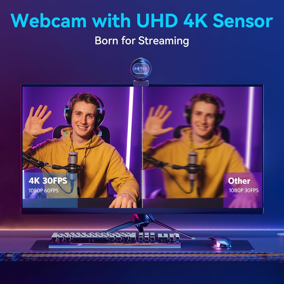 eMeet S600 4K Webcam for Streaming - Sony 1/2.5'' Sensor, PDAF Autofocus, 1080P@60FPS, 2 Noise Reduction Mics, Built-in Privacy Cover, 40°-73° FOV, Streaming Camera for Live Commerce/Gaming/Beauty — 3