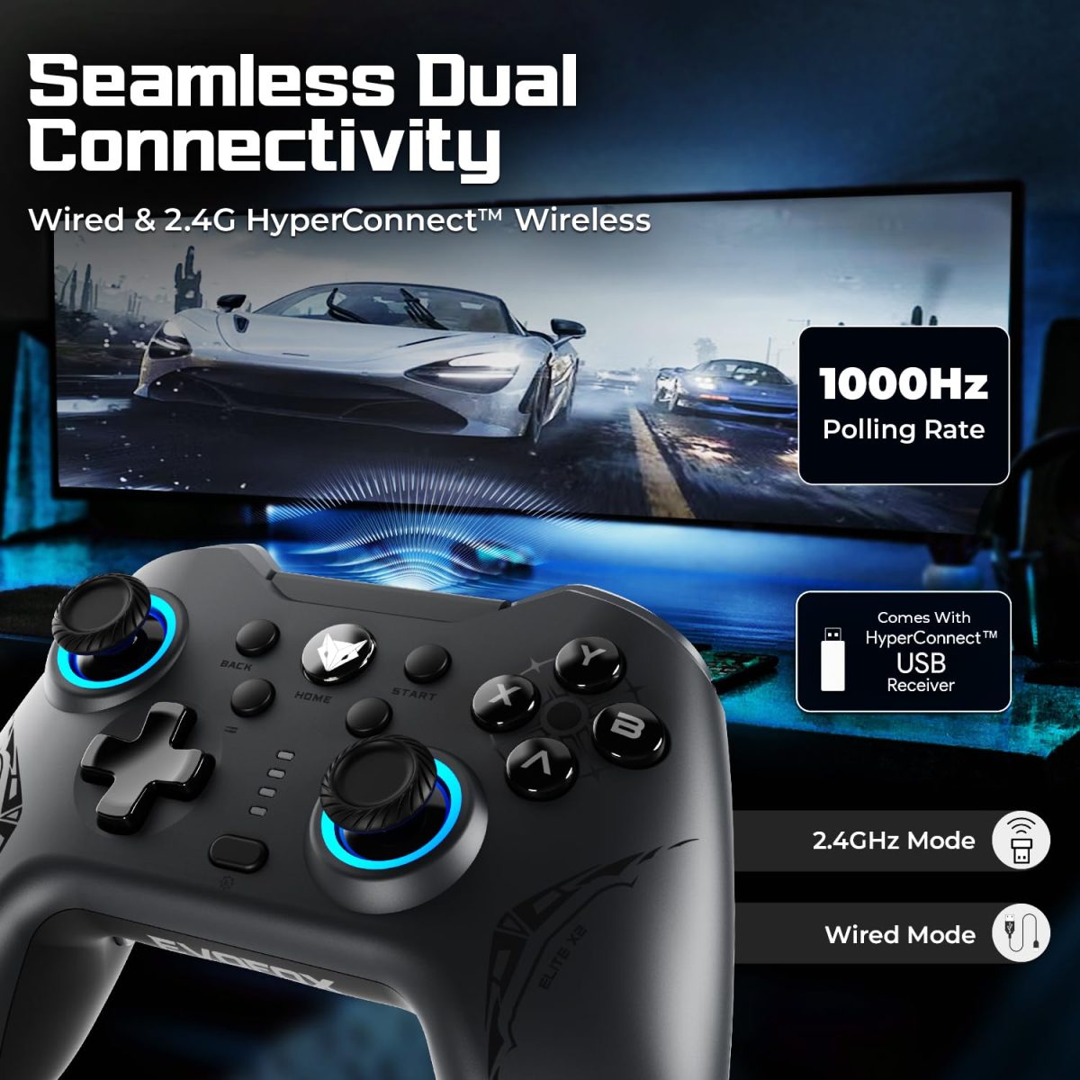 EvoFox Elite X2 Wireless Gaming Controller For PC with 1000Hz Polling Rate, Dual-Mode (2.4G & Type C), Hallsense™ Magnetic Hall 3D Joysticks & Triggers, EZ Click Macros, Dual Vibration Motors(Grey) — 5