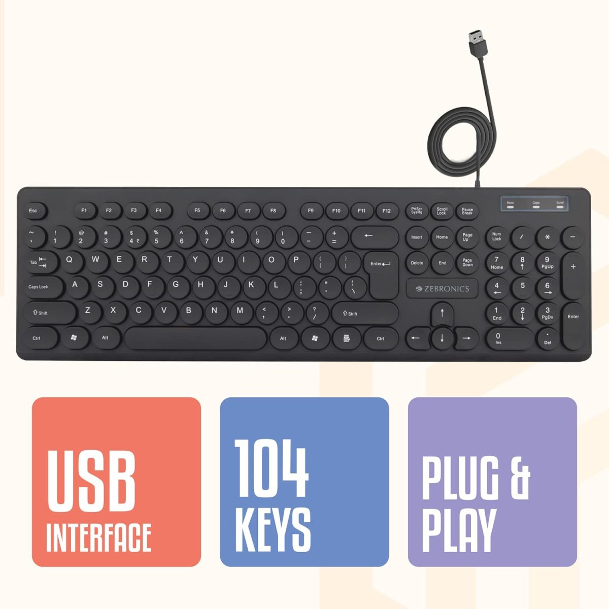 Zebronics K24 Wired USB Keyboard, 104 Keys, Long Life 8 Million Keystrokes, Silent & Comfortable Use, Slim Design, Retractable Stand, 1.5 Meter Textured Cable, UV Coated keycaps — 7