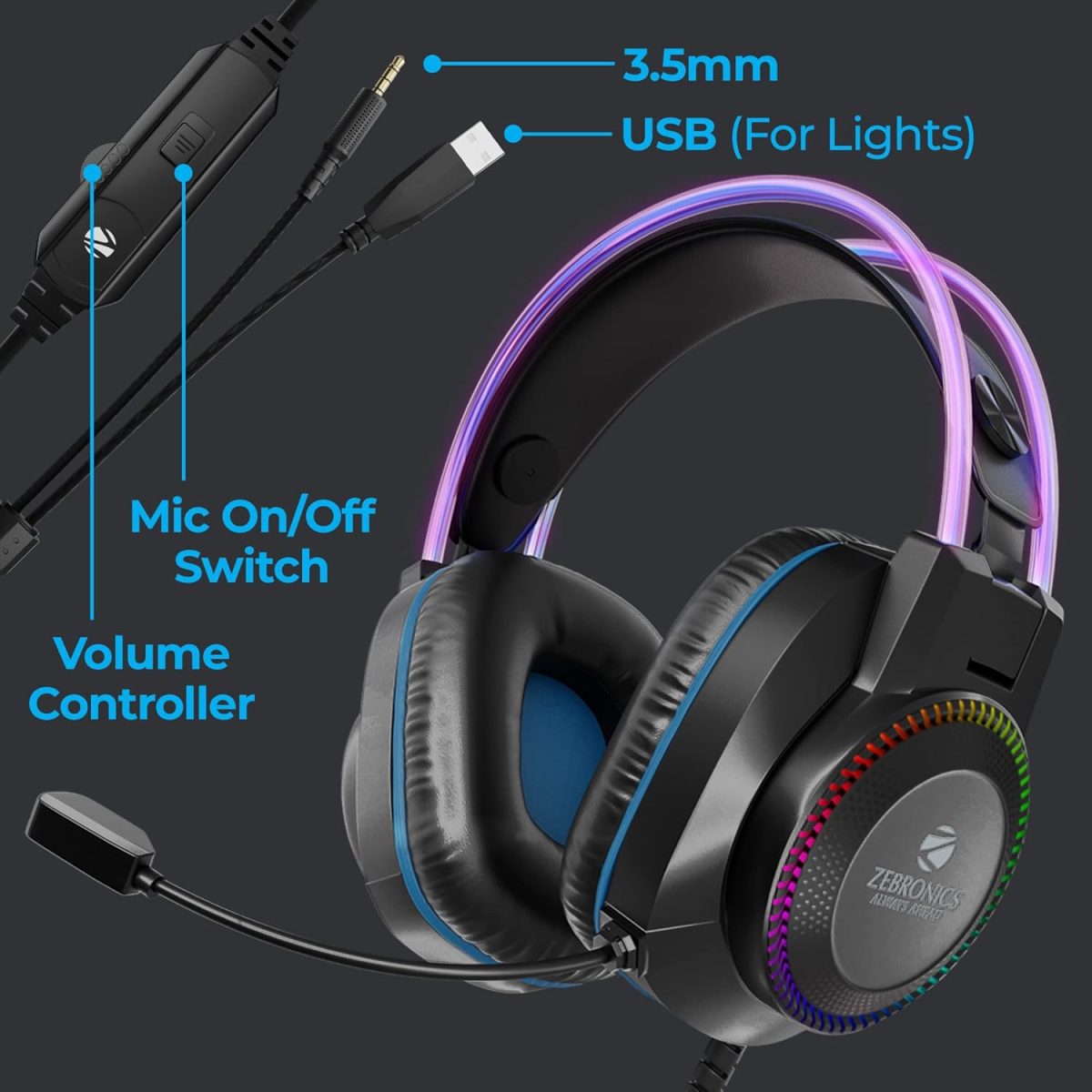 Zebronics Jet PRO Premium Wired Gaming On Ear Headphone with LED for Headband + earcups, 40mm Neodymium Drivers, 2 Meter Braided Cable, with mic, Suspension Design, 3.5mm + USB Connector (Black, Blue) — 4