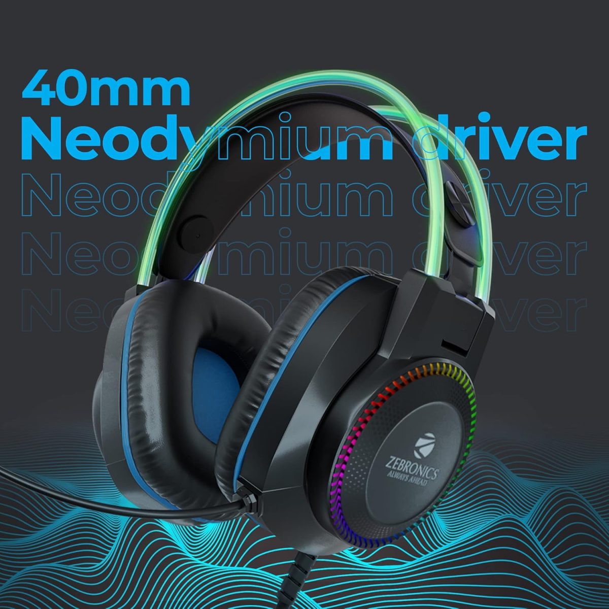 Zebronics Jet PRO Premium Wired Gaming On Ear Headphone with LED for Headband + earcups, 40mm Neodymium Drivers, 2 Meter Braided Cable, with mic, Suspension Design, 3.5mm + USB Connector (Black, Blue) — 6