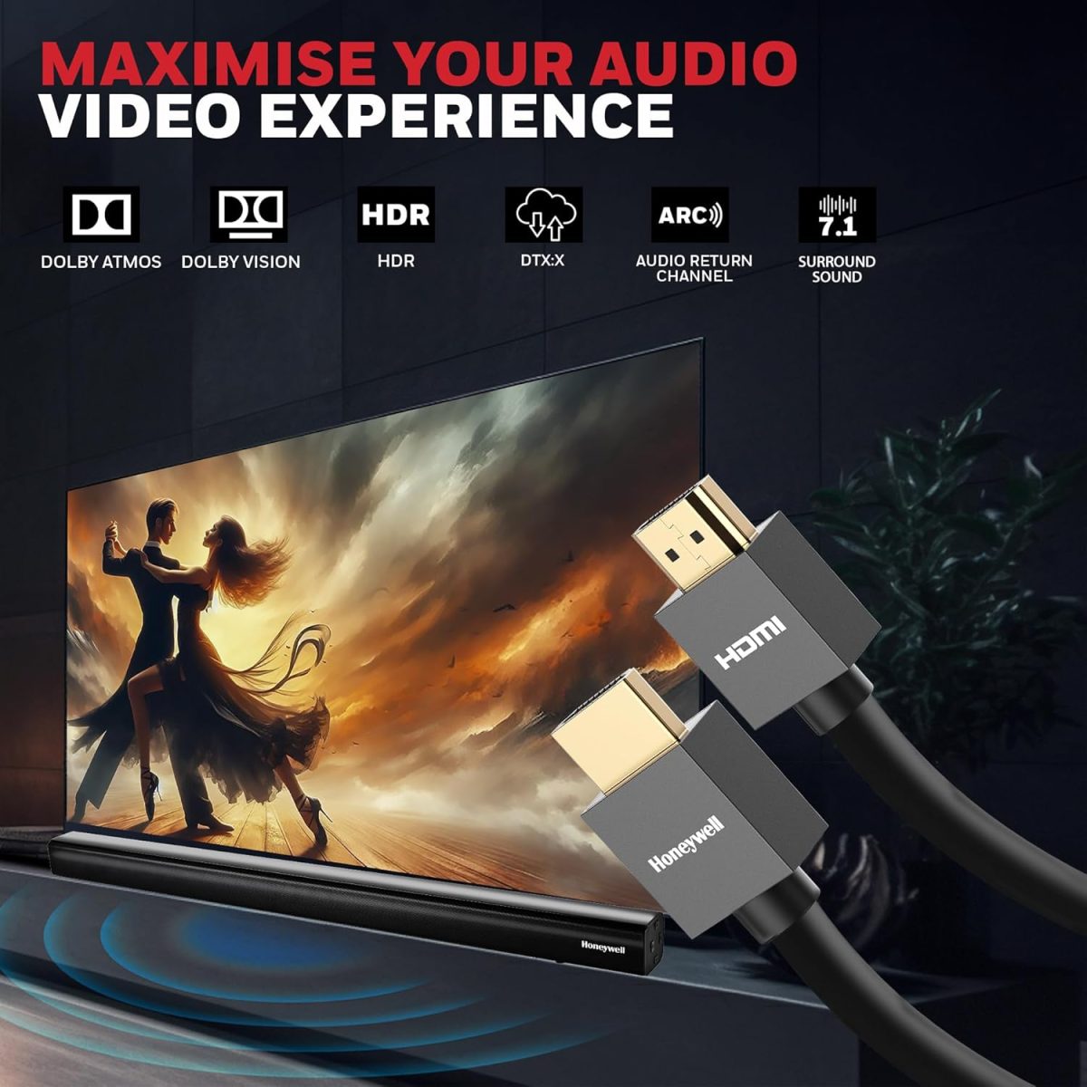 Honeywell HDMI Cable v2.0 with Ethernet, 3D/4K@60Hz Ultra HD Resolution, 2 Mtr, 18 GBPS Transmission Speed, High-Speed, Compatible with all HDMI Devices Laptop Desktop TV Set-top Box Gaming Console — 6