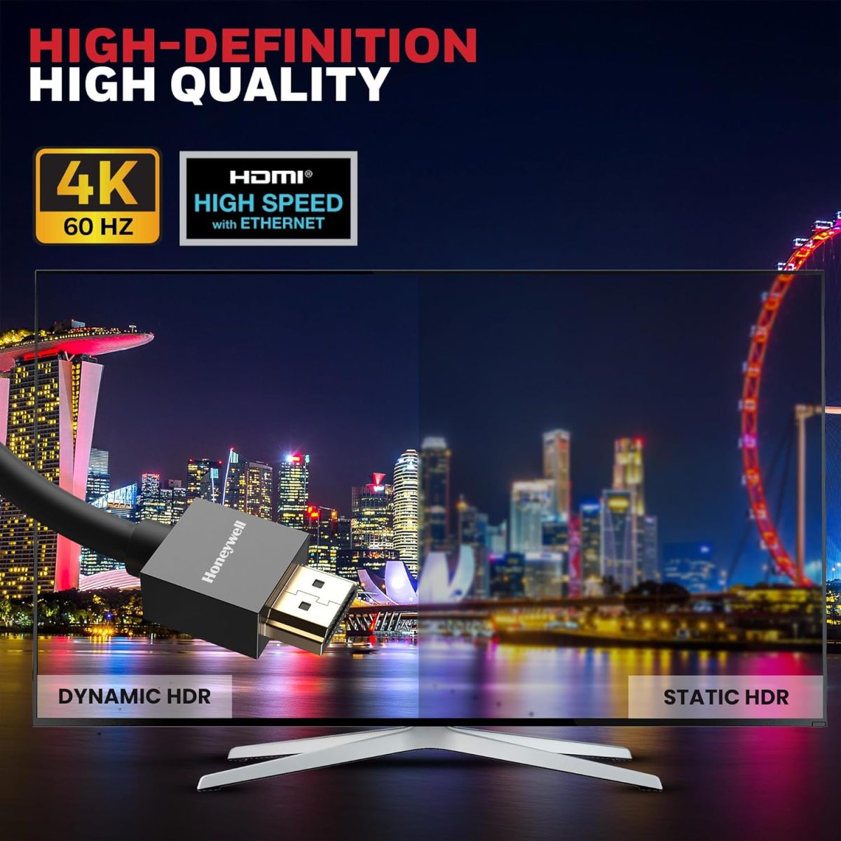 Honeywell HDMI Cable v2.0 with Ethernet, 3D/4K@60Hz Ultra HD Resolution, 2 Mtr, 18 GBPS Transmission Speed, High-Speed, Compatible with all HDMI Devices Laptop Desktop TV Set-top Box Gaming Console — 8