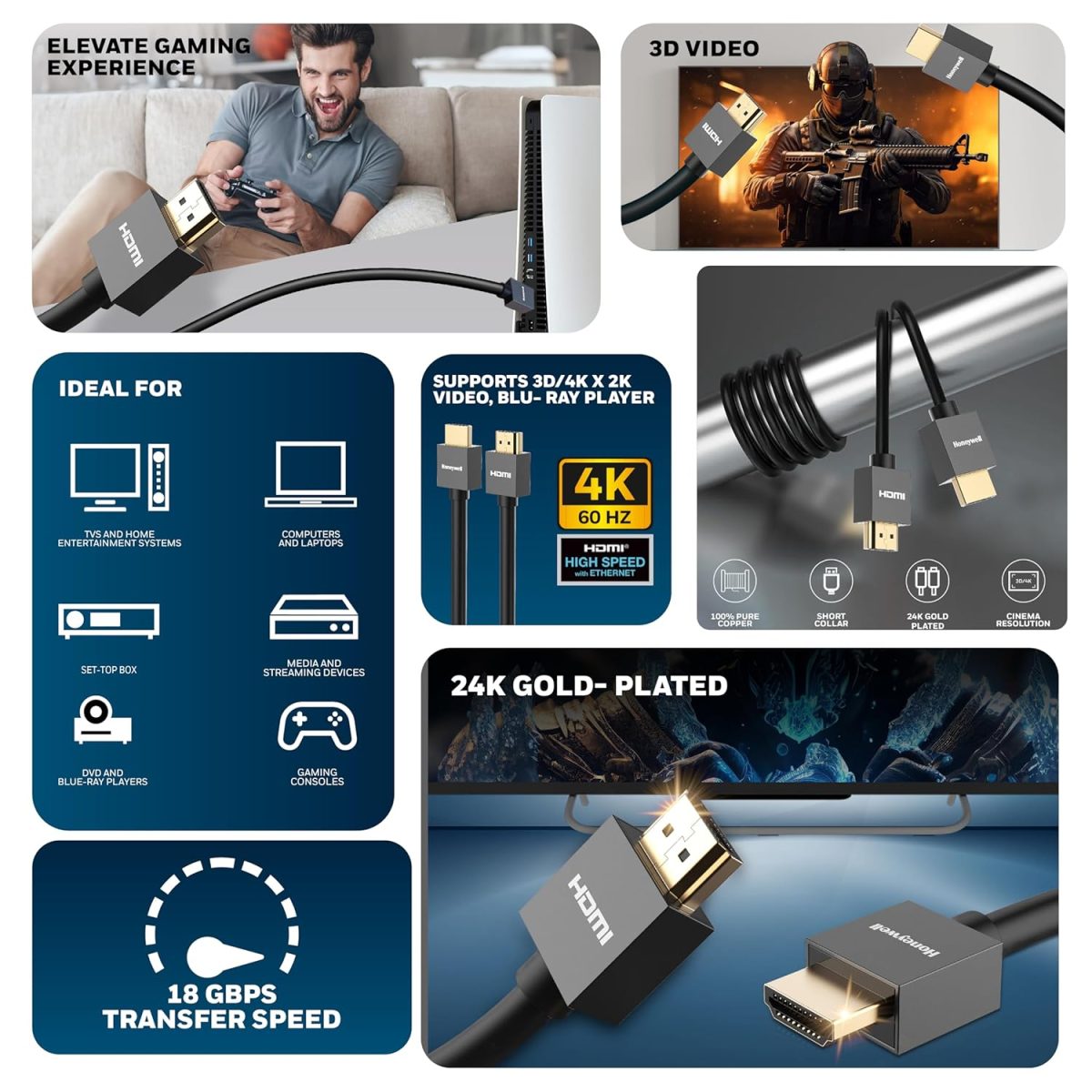 Honeywell HDMI Cable v2.0 with Ethernet, 3D/4K@60Hz Ultra HD Resolution, 2 Mtr, 18 GBPS Transmission Speed, High-Speed, Compatible with all HDMI Devices Laptop Desktop TV Set-top Box Gaming Console — 9