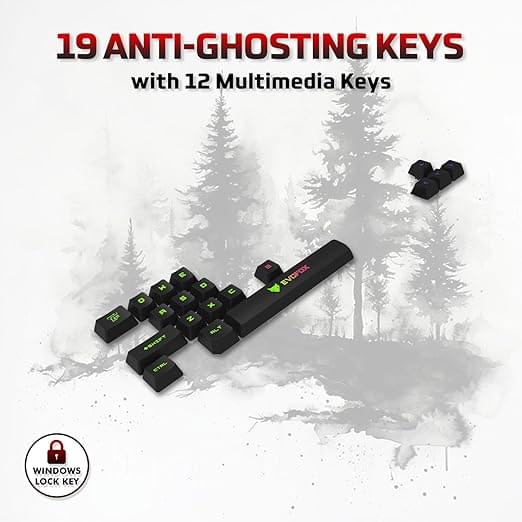 EvoFox Fireblade TKL Semi-Mechanical Gaming Keyboard with Rainbow Backlit& Breathing Effect, Floating Keycaps, 19 Anti-Ghosting & 12 Multimedia Keys, Windows Lock Key, Braided Cable (Black) - Image 5