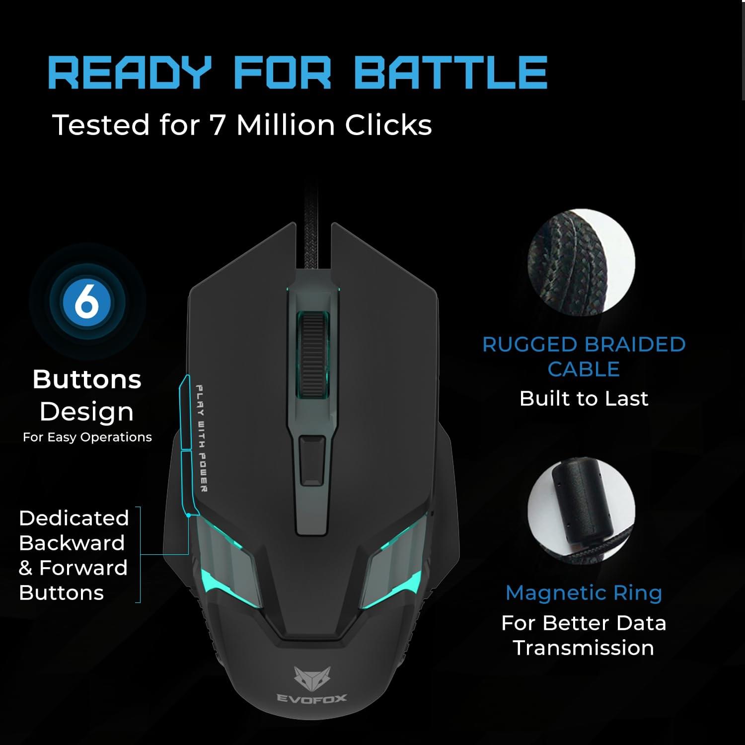 EvoFox Starter Series Spectre USB Wired Gaming Mouse with Upto 3600 DPI Gaming Sensor | 6 Buttons Design | Upto 7 Million Clicks | 7 Colours Rainbow Lighting with Breathing Effect | 1.5m Braided Cable (Black) - Image 3
