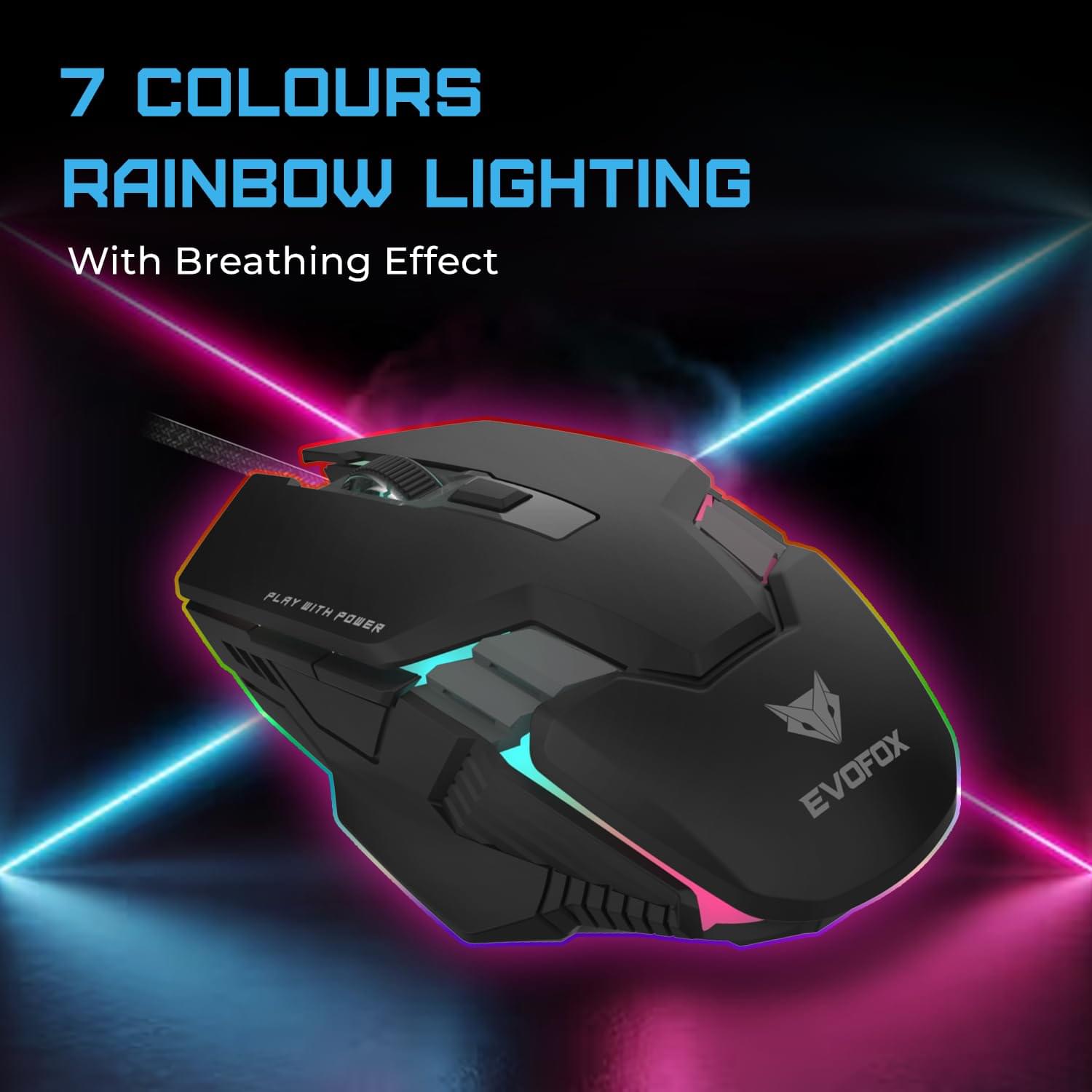 EvoFox Starter Series Spectre USB Wired Gaming Mouse with Upto 3600 DPI Gaming Sensor | 6 Buttons Design | Upto 7 Million Clicks | 7 Colours Rainbow Lighting with Breathing Effect | 1.5m Braided Cable (Black) - Image 4
