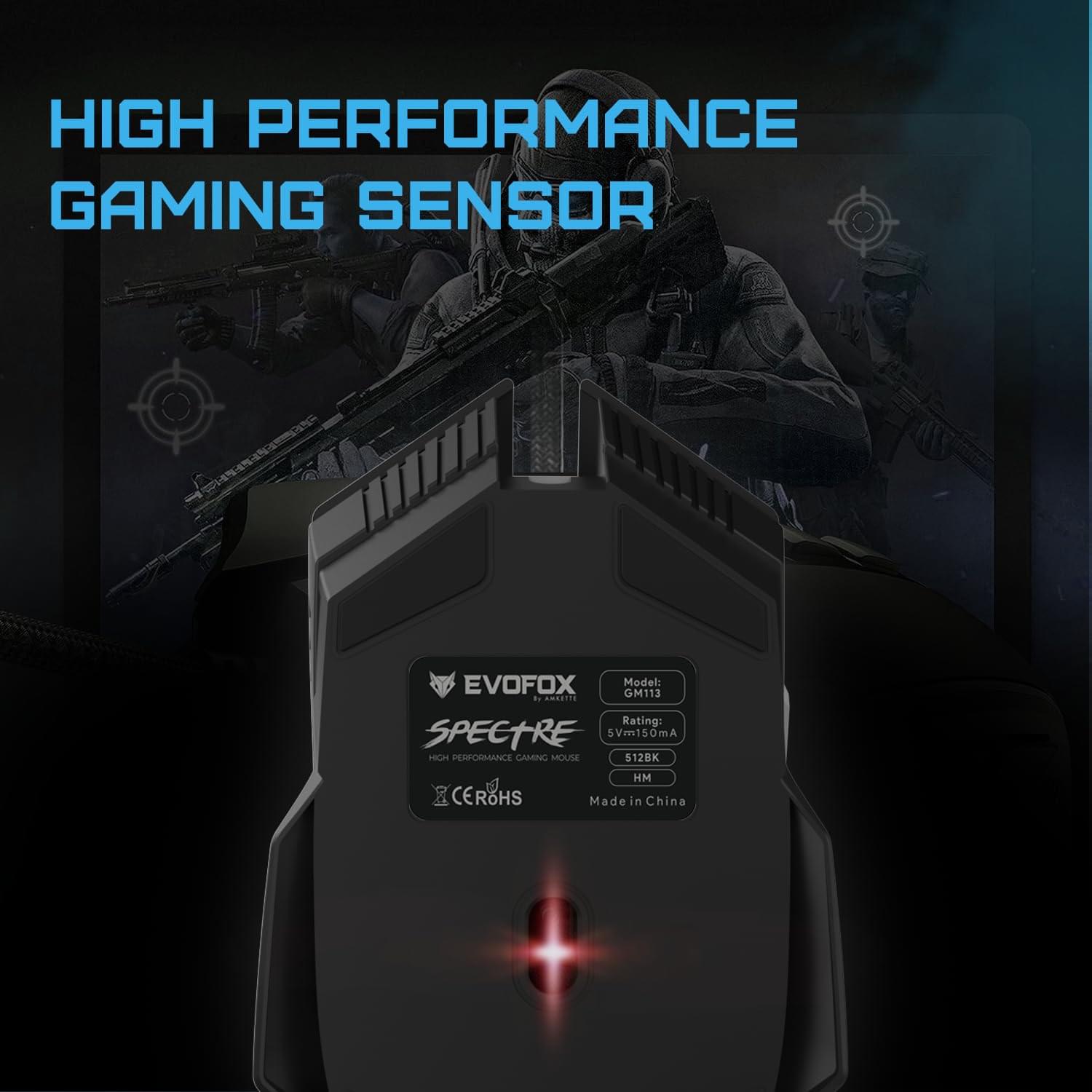 EvoFox Starter Series Spectre USB Wired Gaming Mouse with Upto 3600 DPI Gaming Sensor | 6 Buttons Design | Upto 7 Million Clicks | 7 Colours Rainbow Lighting with Breathing Effect | 1.5m Braided Cable (Black) - Image 2