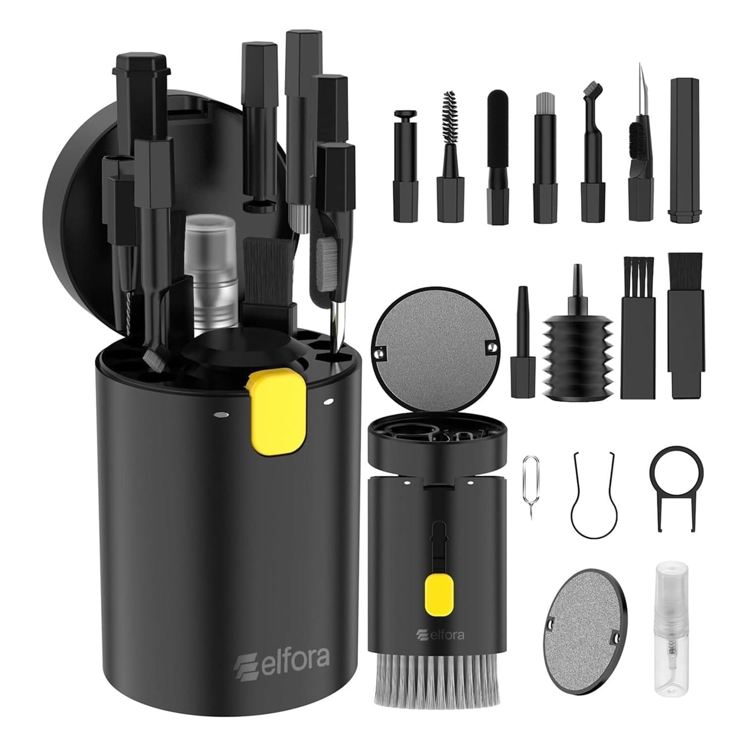 Elfora Electronic 20 in 1 Cleaning Kit| Multifunction Tool Kit with Screen Cleaning Cloth, Brush, Key Puller, Spray Bottle| Cleaner Kit for PC, Laptop, iPhone, iPad, MacBook, Airpod & Keyboard(Black)