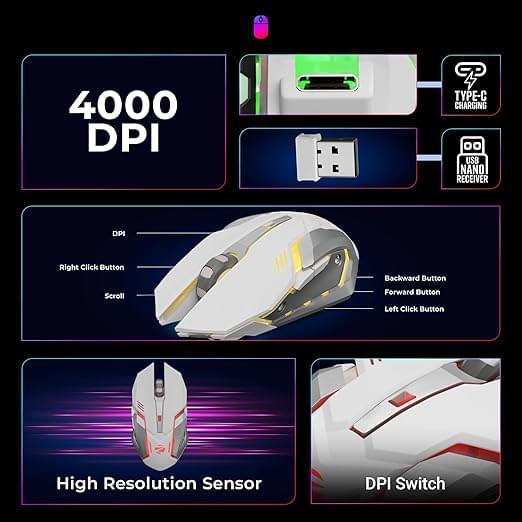 ZEBRONICS Transformer PRO Gaming Wireless Keyboard & Mouse Combo with 2.4GHz, Aluminum Body, Built in Battery, Multicolor LED Modes, Type C, Double Shot Keycaps, up to 4000 DPI (White) - Image 4