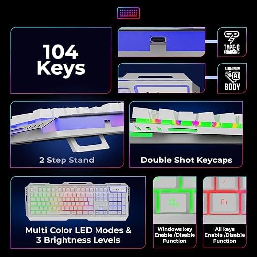 ZEBRONICS Transformer PRO Gaming Wireless Keyboard & Mouse Combo with 2.4GHz, Aluminum Body, Built in Battery, Multicolor LED Modes, Type C, Double Shot Keycaps, up to 4000 DPI (White) - Image 3