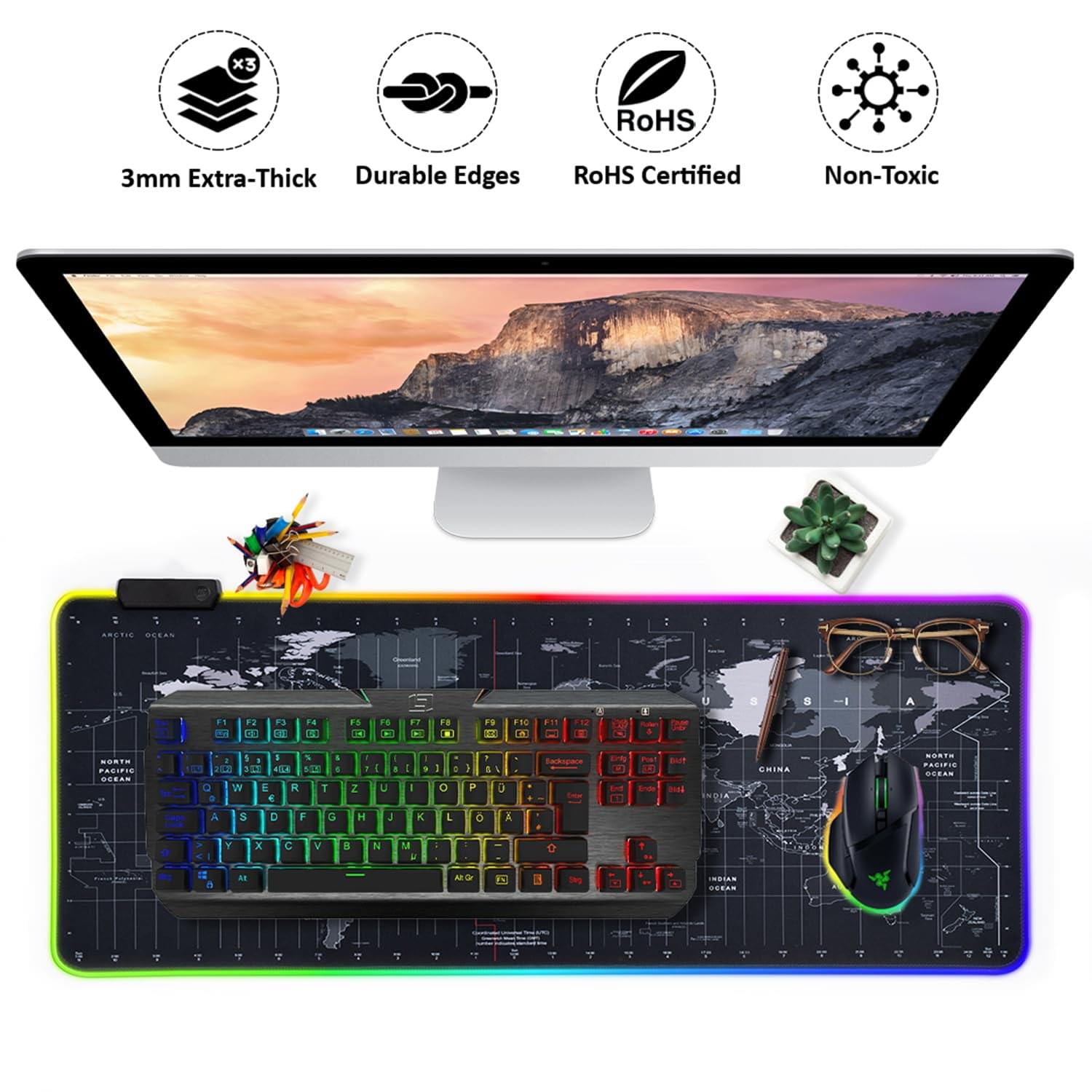 NOVERA (LABEL) RGB Light World Map Anti-Slip Extended Desk Mat Gaming Rubber Stitched Mouse Pad for Laptop and Computer, 800L x 300B mm (Black) - Image 3