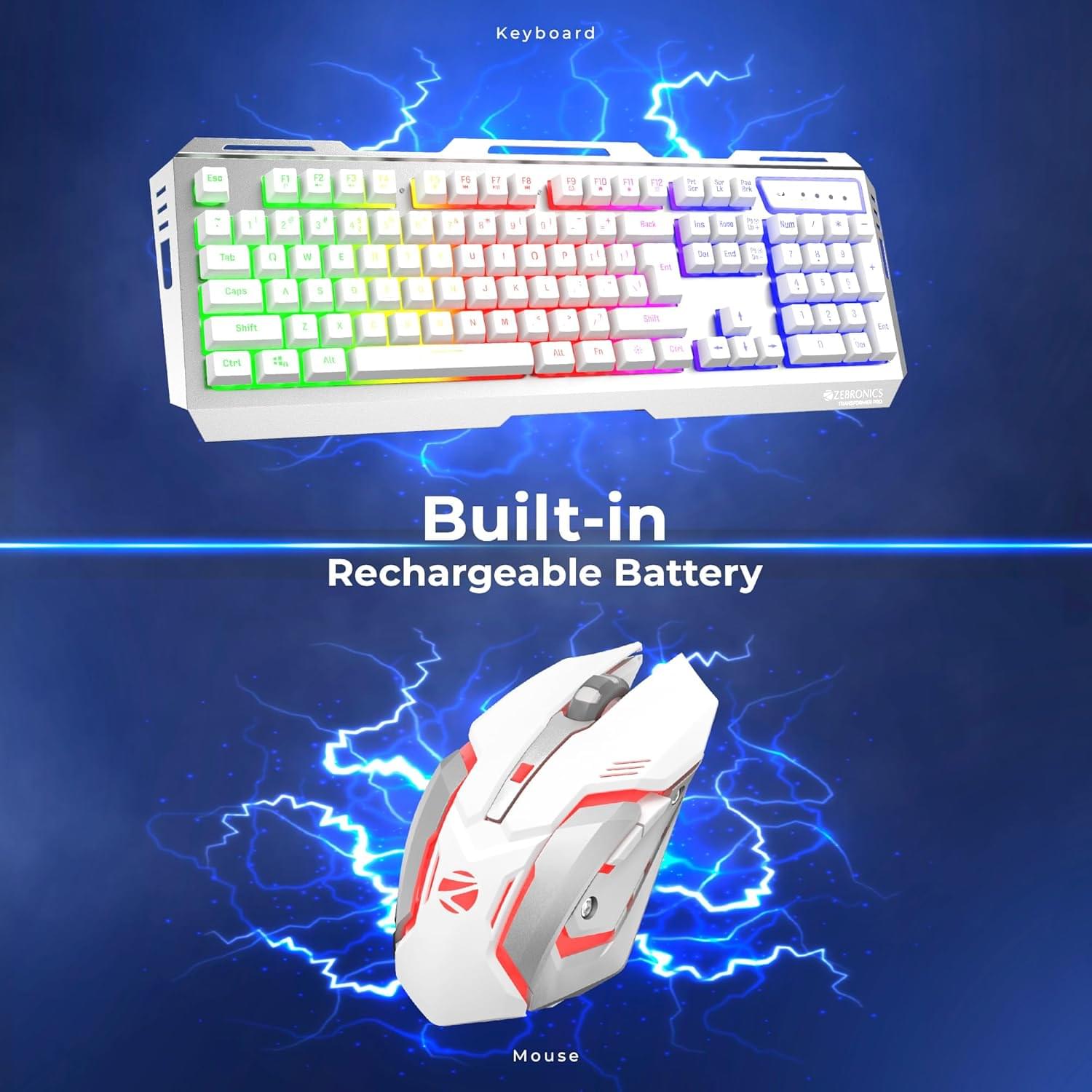 ZEBRONICS Transformer PRO Gaming Wireless Keyboard & Mouse Combo with 2.4GHz, Aluminum Body, Built in Battery, Multicolor LED Modes, Type C, Double Shot Keycaps, up to 4000 DPI (White) - Image 6