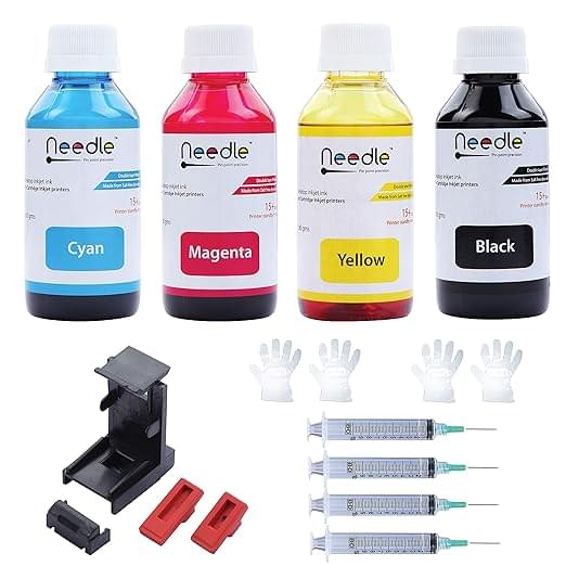 Needle Cartridge Ink Refill Kit with Suction Tool 4x100gms (CMYK Combo) |Compatible with Cartridge Printers|Easy Ink Refilling Solution