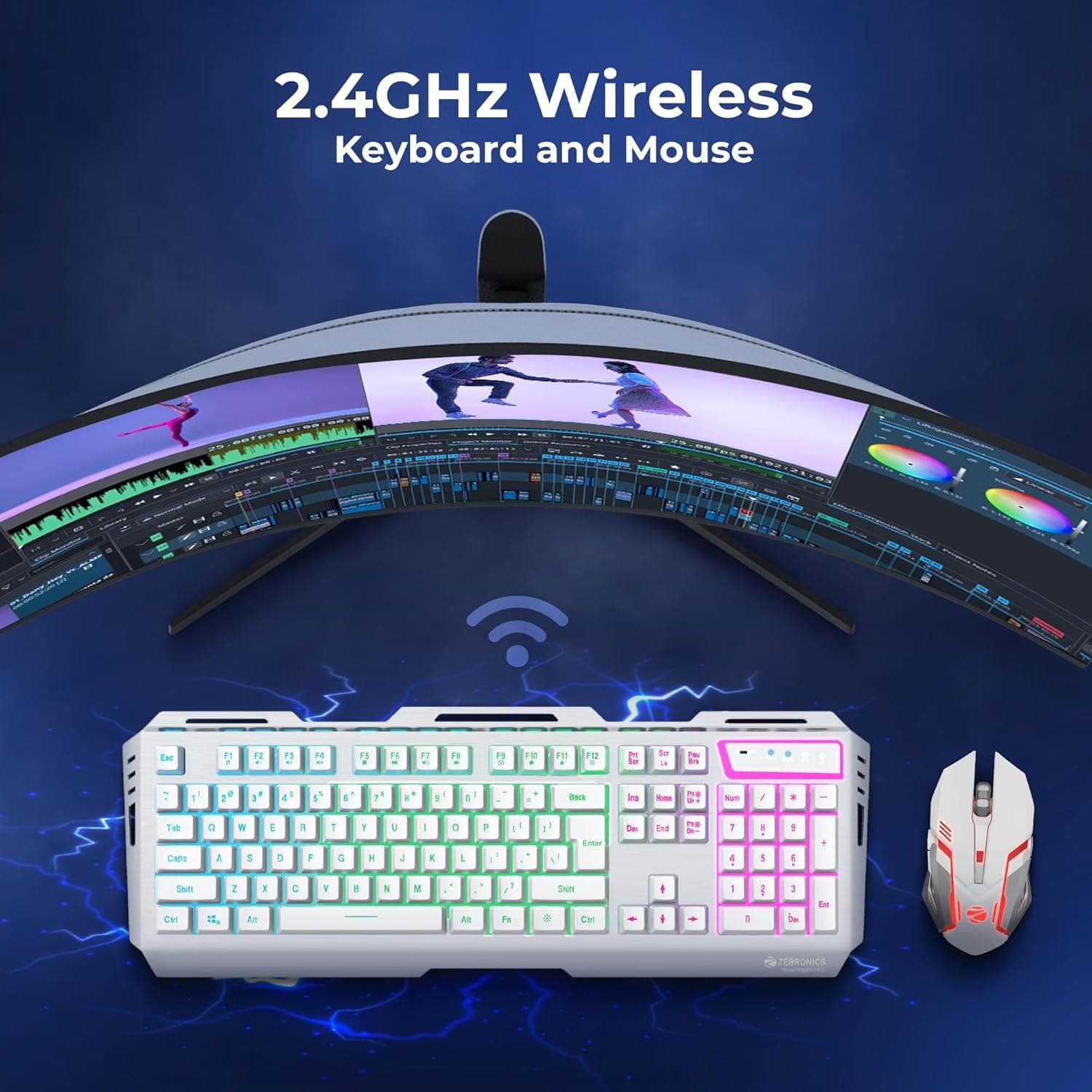 ZEBRONICS Transformer PRO Gaming Wireless Keyboard & Mouse Combo with 2.4GHz, Aluminum Body, Built in Battery, Multicolor LED Modes, Type C, Double Shot Keycaps, up to 4000 DPI (White) - Image 5